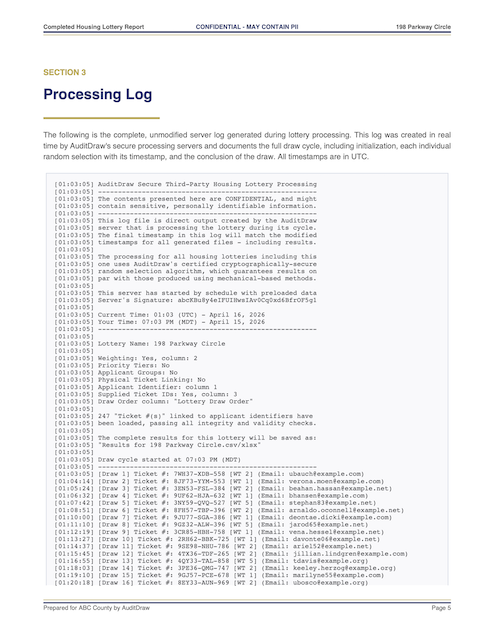 A sample AuditDraw processing log page