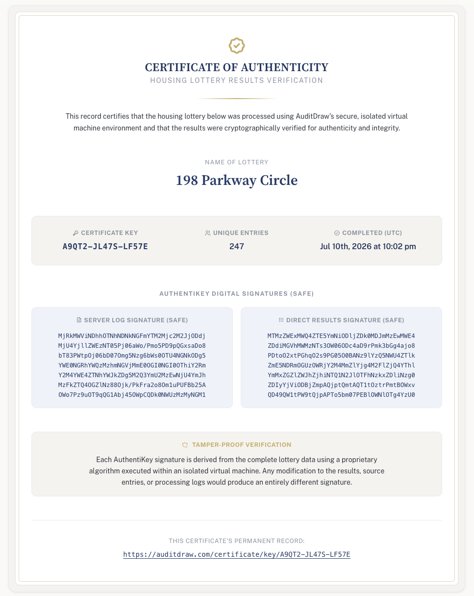 The AuditDraw certificate verification page showing a Certificate Key entered and the matching record confirmed, with lottery name, entry count, completion date, and signatures displayed